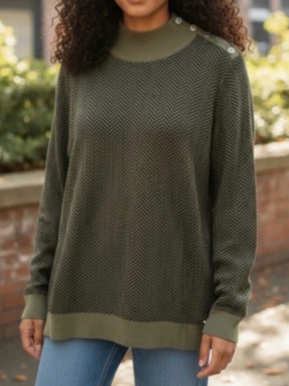 Calvin Klein Olive Chevron Button-Shoulder Turtleneck Sweater